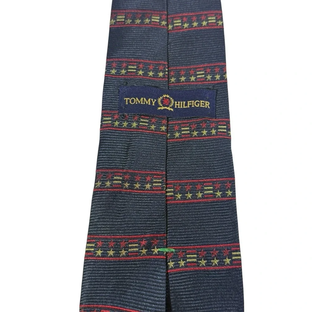 Vintage Tommy Hilfiger Silk Necktie Patriotic‎ Star Stripe Preppy 90s Navy Red